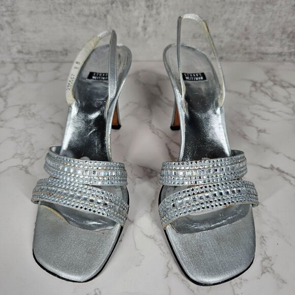 Stuart Weitzman Vintage Silver Leather Crystal Beaded Sling Back Heels Women 8B‎ - Picture 2 of 11